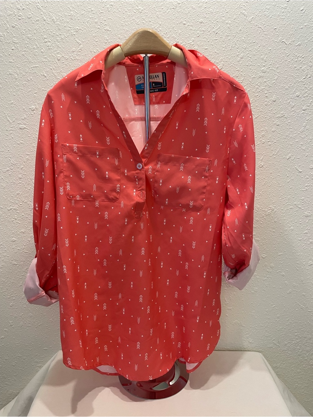 Magellan Outdoors Coral Button-Up Blouse with White Arrow Print